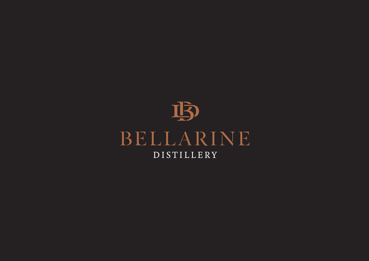 Bellarine Distillery logo centered on a dark brown background, featuring an ornate monogram above the words 'BELLARINE DISTILLERY' in warm metallic brown and white text.